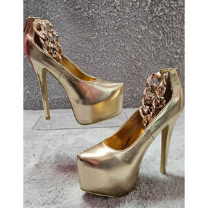 Bumper Platform‎ Pointed Metallic Gold Chain Ankle Stilettos Ultra High Heels 10